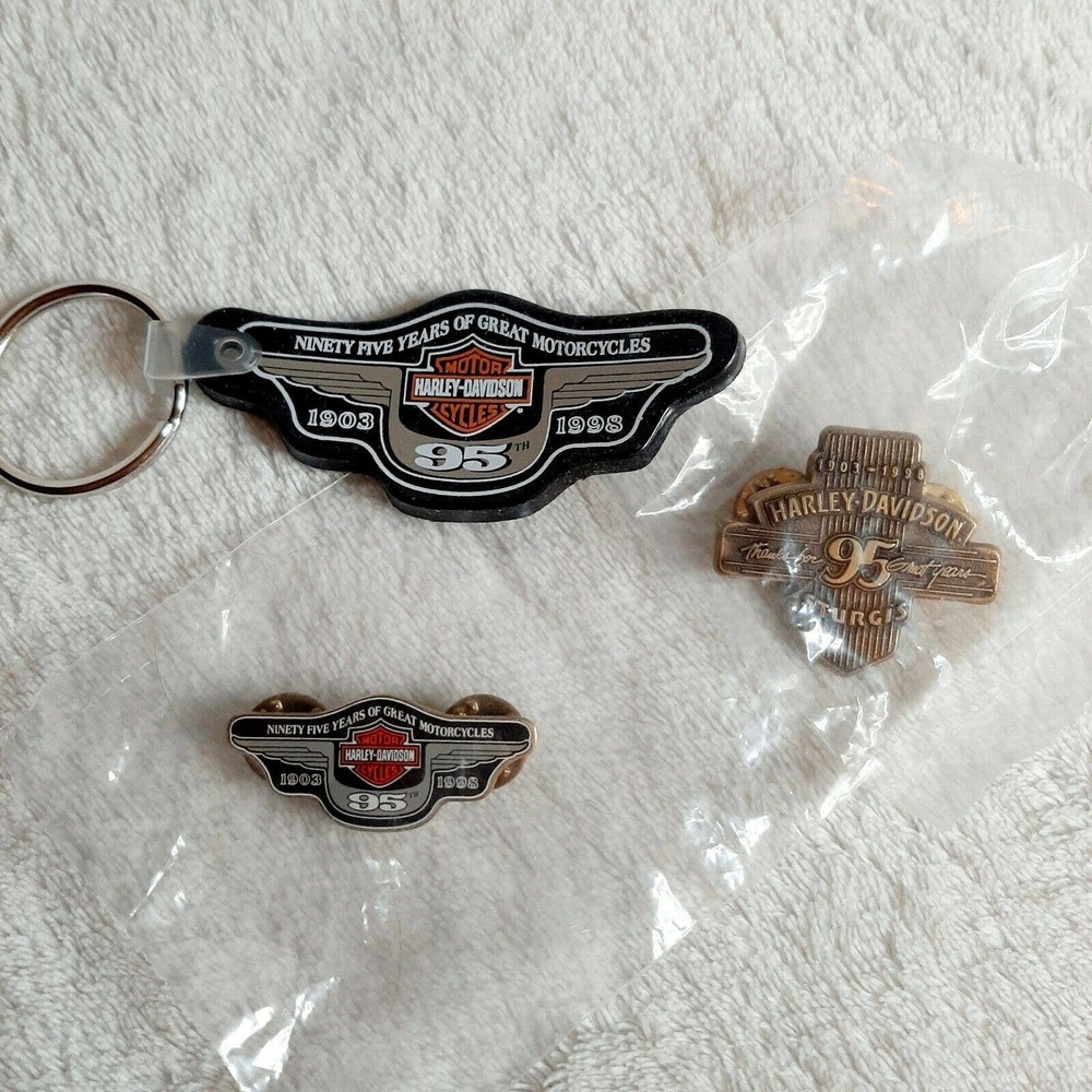 95th Harley-Davidson Anniversary and HOG Sturgis collectible pins, 95th keychain
